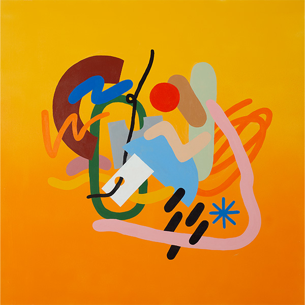 Abstract colorful painting with an orange-yellow background.