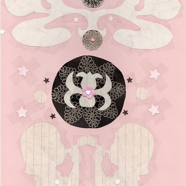 A pale pink papercut and mixed media artwork of two children.