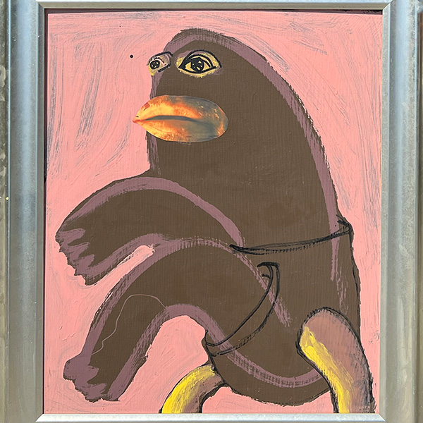 An abstract painting of a figure with lips and eyes.